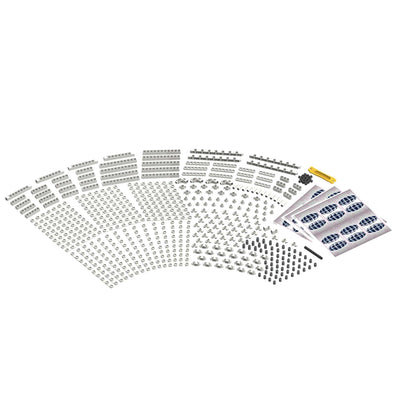 Architectural engineering STEM kit with modular building pieces, connectors, and a full-color manual for constructing models of bridges, domes, and famous buildings.