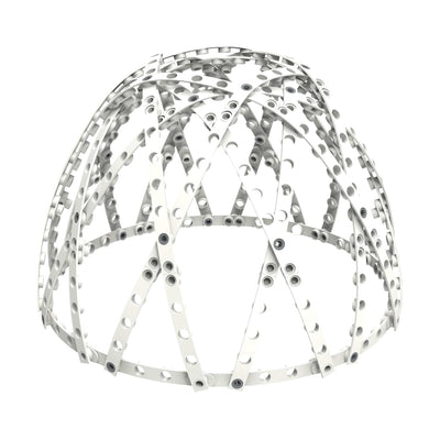 White architectural engineering model of a dome structure made with modular perforated metal strips and bolts.