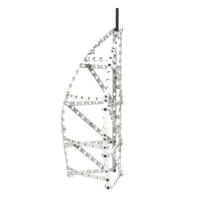 White modular architectural engineering model with curved and triangular structural elements against a white background