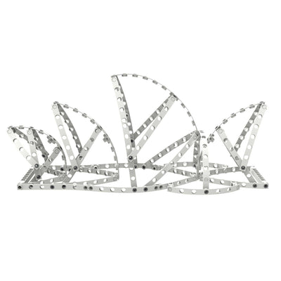 Architectural engineering STEM kit model of Sydney Opera House with metal modular building pieces and arches.