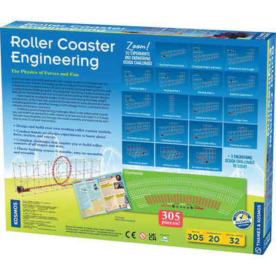Roller Coaster Engineering kit with 305 pieces for building and experimenting with physics of force, motion, and energy through modular roller coaster models.