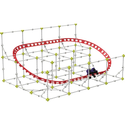 Modular roller coaster engineering kit with red track and sturdy frame for building and testing physics models.