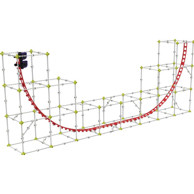 Roller coaster engineering kit with modular frame and flexible red track for physics and motion experiments.