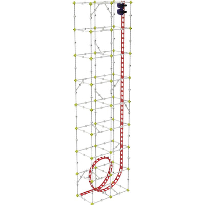 Roller coaster engineering kit with modular frame and flexible track featuring tall vertical structure and loop-de-loop design.