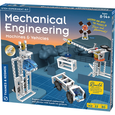 Mechanical Engineering STEM kit with 20 buildable machines and vehicles for hands-on physics experiments.