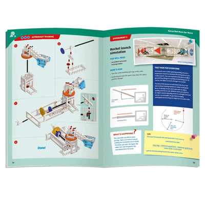 Open instructional manual showing mechanical engineering building projects and rocket launch simulation experiment illustrations and diagrams