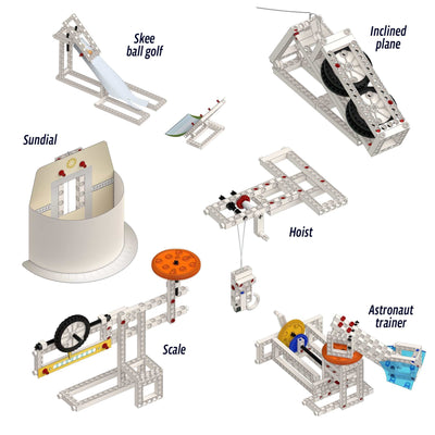 Mechanical engineering educational kit with skeletal models of skee ball golf, inclined plane, sundial, hoist, scale, and astronaut trainer for hands-on learning.