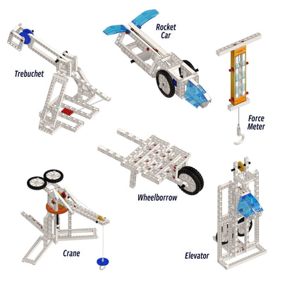 Mechanical engineering kit featuring buildable models of trebuchet, rocket car, force meter, crane, wheelbarrow, and elevator for hands-on learning.