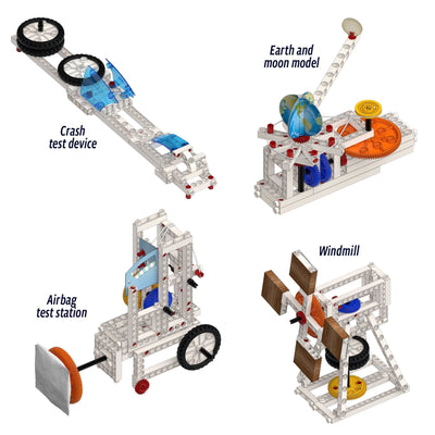 Mechanical engineering educational kit with models of crash test device, earth and moon, airbag test station, and windmill