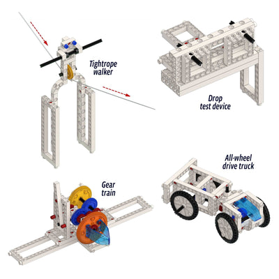 Mechanical Engineering kit with building projects including tightrope walker, drop test device, gear train, and all-wheel drive truck models.