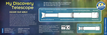 My Discovery Telescope with 12x magnification, soft eye cup, sturdy metal focuser, portable refracting design for moon, stars, and wildlife observation