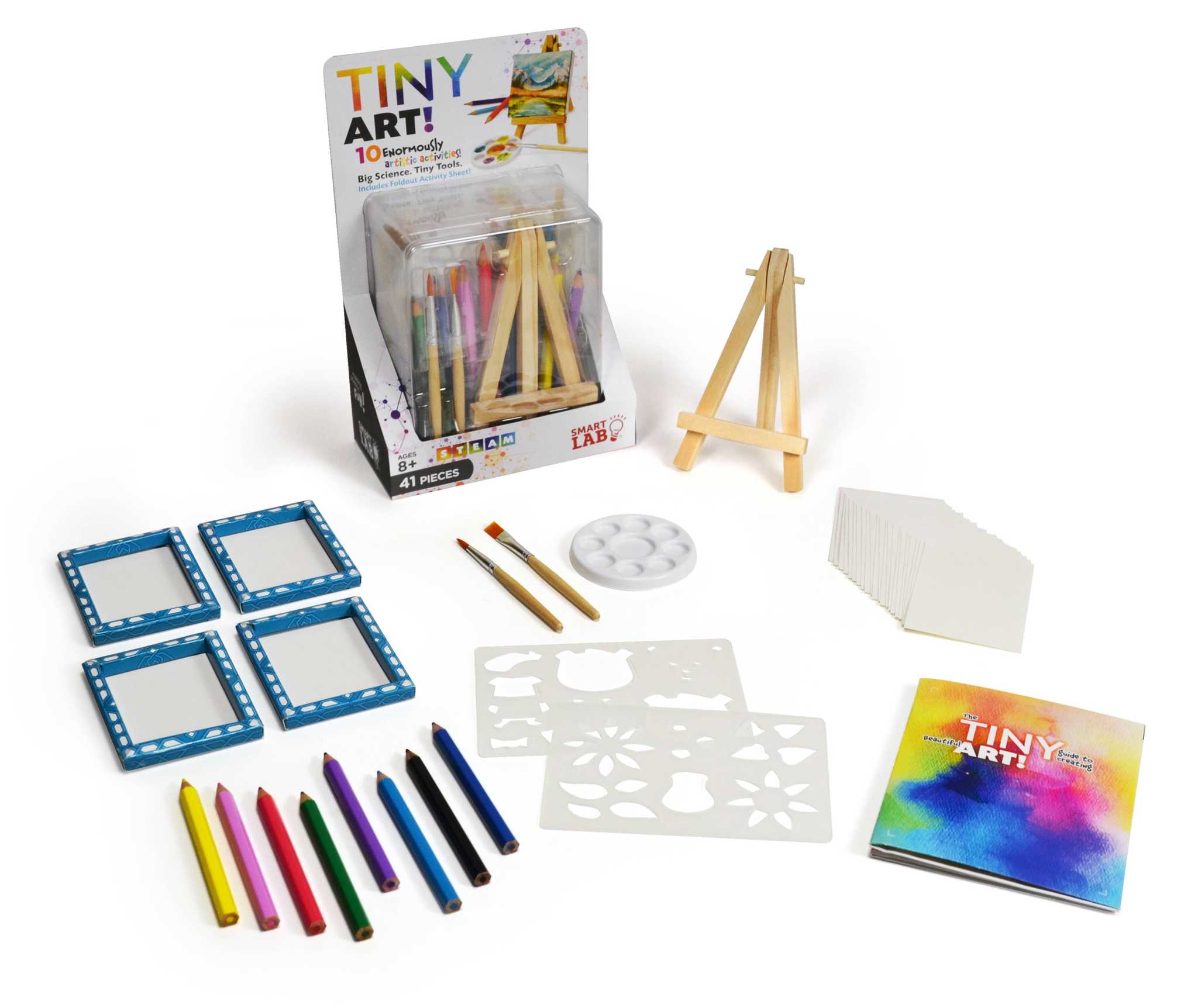Tiny Art 41-piece kids' art kit with paints, brushes, stencils, mini easel, frames, and color mixing tools for creative learning