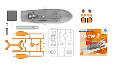 Dual Power Solar Rowboat STEM DIY kit components with solar panel, oars, boat hull, figurine decals, and learning booklet