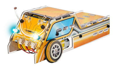DIY robot car kit with light-following sensors and clear casing showing electronic components