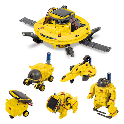 Yellow 6-in-1 STEM kids solar powered UFO robot science kit with six space explorer and rover designs and solar panels