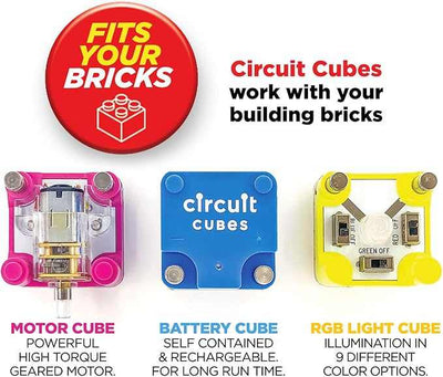 Gears GO! STEM kit Circuit Cubes motor, battery, and RGB light cubes compatible with building bricks for kids ages 8+