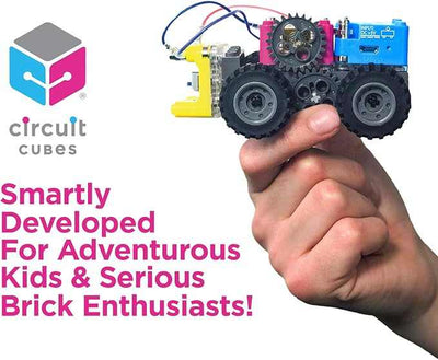 Gears GO! STEM kit showing hand-held motorized vehicle with Circuit Cubes for kids and brick enthusiasts