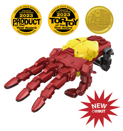 Red and yellow mechanical 16-inch Cyber Hand STEM building kit with articulated fingers and award badges.