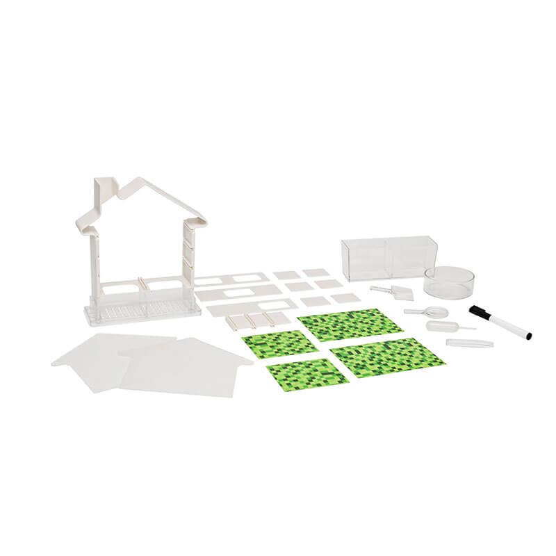 Botany set with greenhouse parts, shade panels, soil and water tanks, and a magnifying glass.