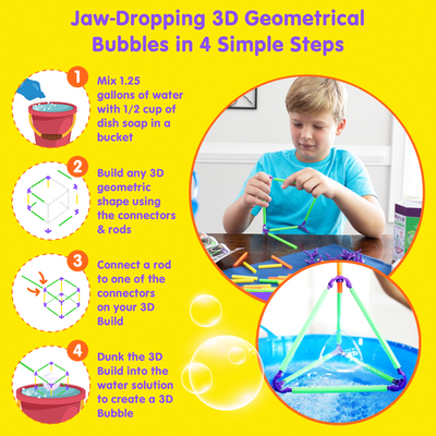 Child using Build-A-Bubble Montessori 3D Bubble Kit to create geometric shapes and make 3D bubbles following simple step-by-step instructions.