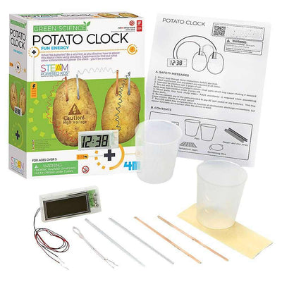 Potato Clock science kit with digital clock, wires, cups, and instructions for battery-free energy experiments