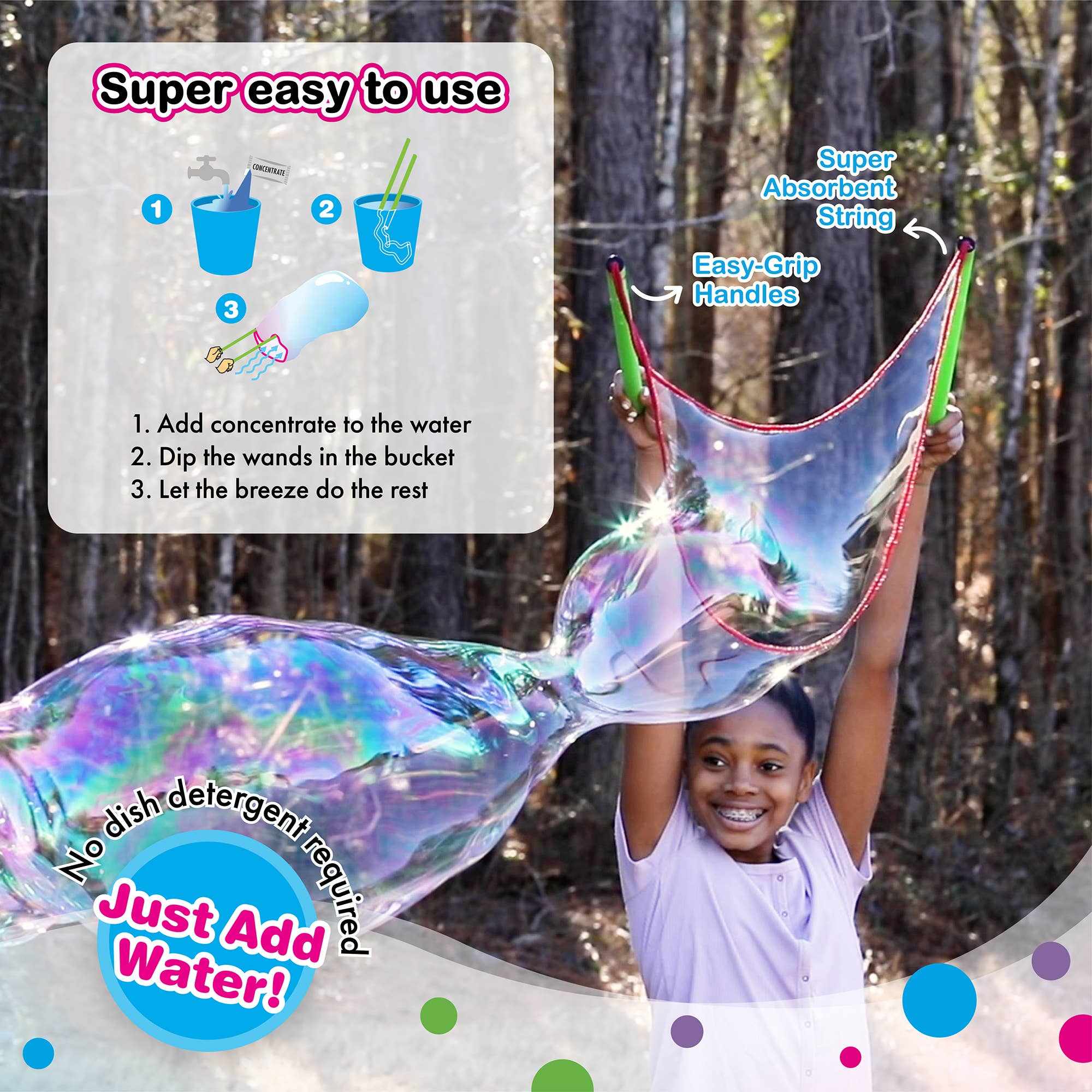 Child using WOWmazing Giant Bubble Kit to create large colorful bubbles outdoors with easy-grip handles and super absorbent string