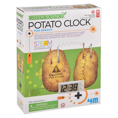 Packaging of a Potato Clock science kit showing digital clock powered by potatoes, STEM educational toy for kids over 5.