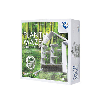 Plant Maze Botany Kit Set with greenhouse panels, soil and water tanks, and magnifying glass for studying plant growth and phototropism.