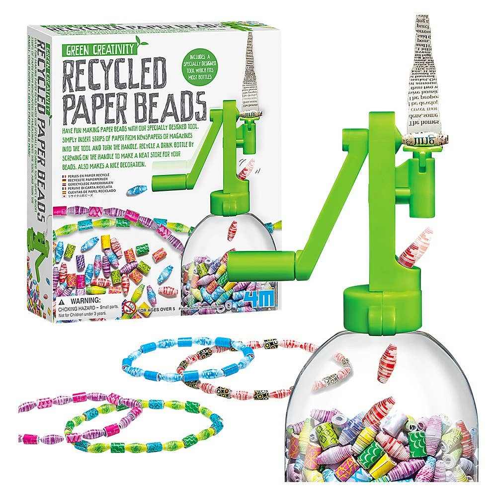 Recycled Paper Beads making kit with green crank tool and colorful paper beads on clear dome base