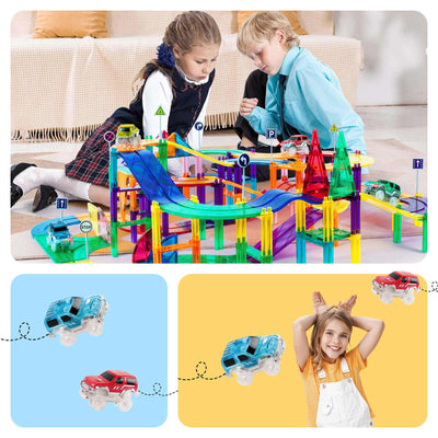Children playing with a colorful 50 Piece Magnetic Racetrack Set featuring LED light-up cars on a multi-level track for educational STEAM learning.