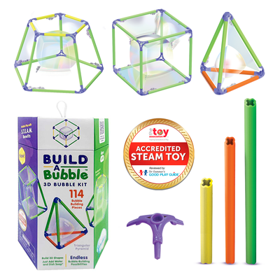 Build-A-Bubble Montessori 3D Bubble Kit with geometric bubble shapes, colorful connectors, and educational STEM components in reusable packaging