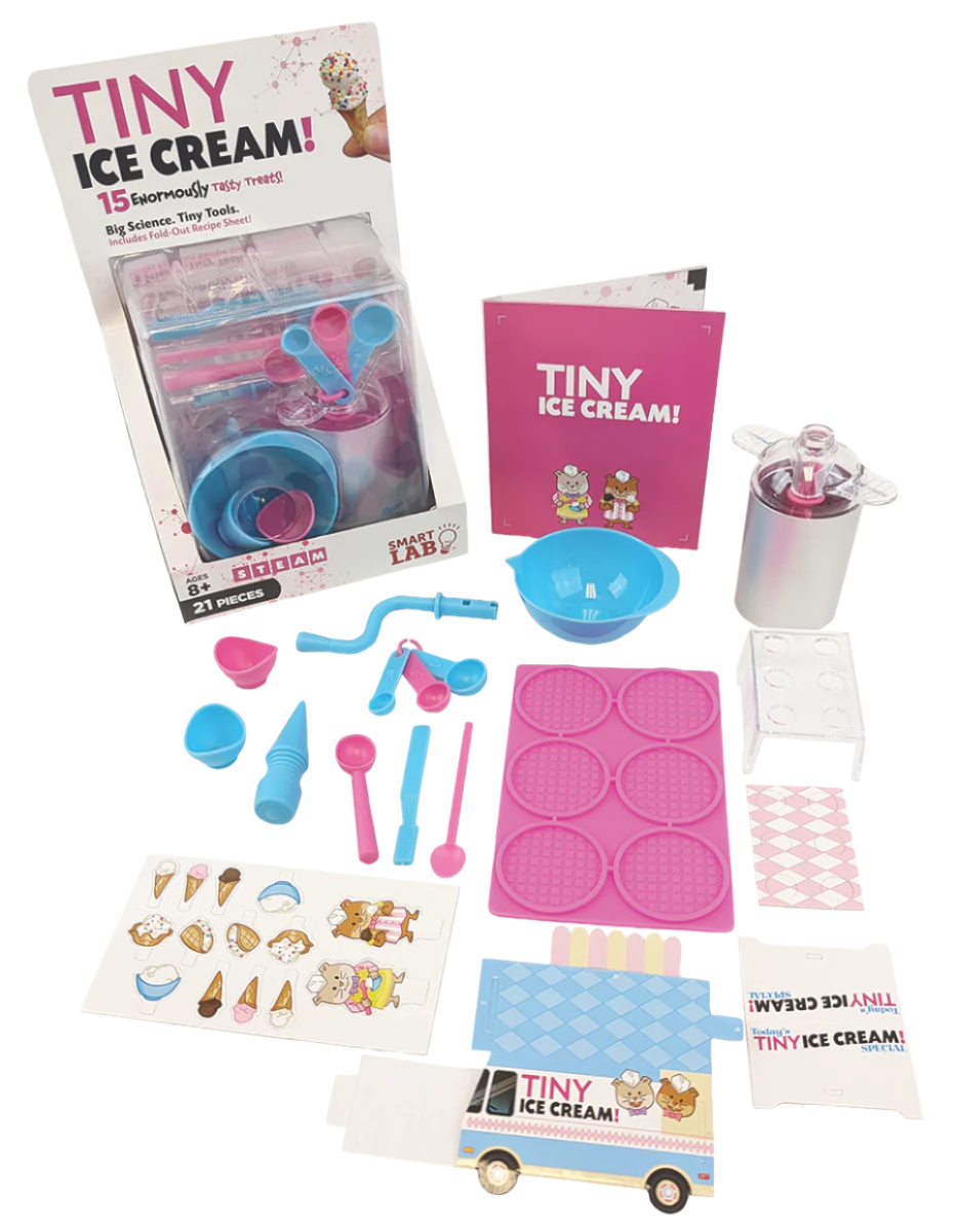 Tiny Ice Cream maker set with waffle mold, tools, and instruction sheet for creating miniature desserts.