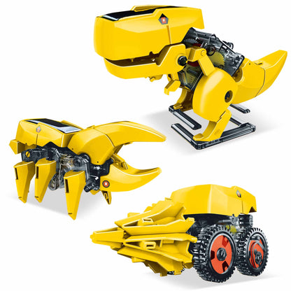 Yellow solar powered dinosaur robot toy kit with three transformable robotic designs for STEM learning and eco-friendly play