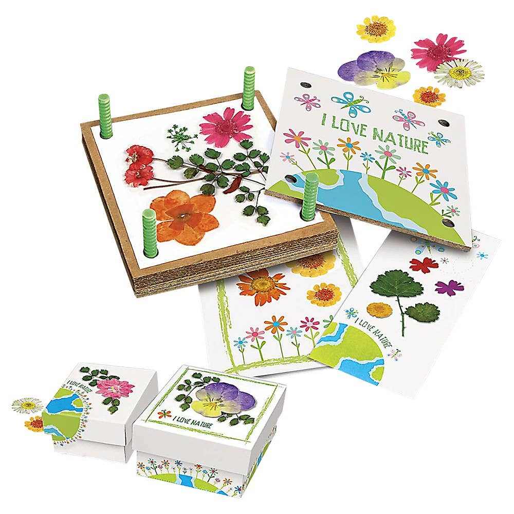 Pressed flower art craft kit with materials for trinket boxes, greeting cards, and bookmarks featuring colorful pressed flowers and nature-themed designs.