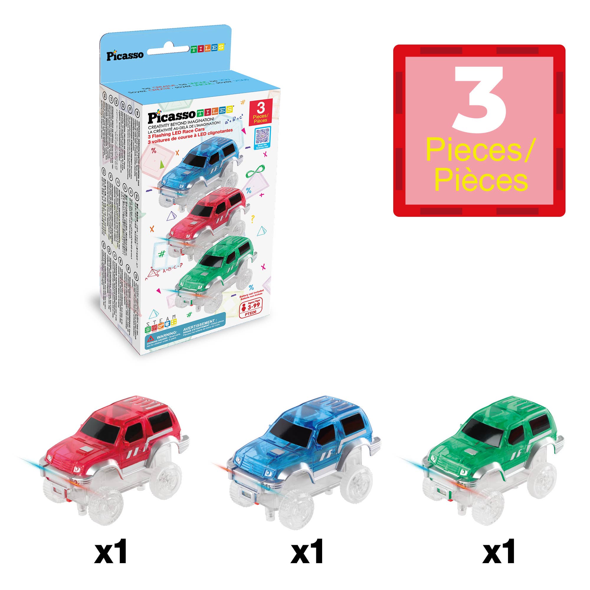PicassoTiles 3 Pack Cars for Magnet Race Track Building Sets