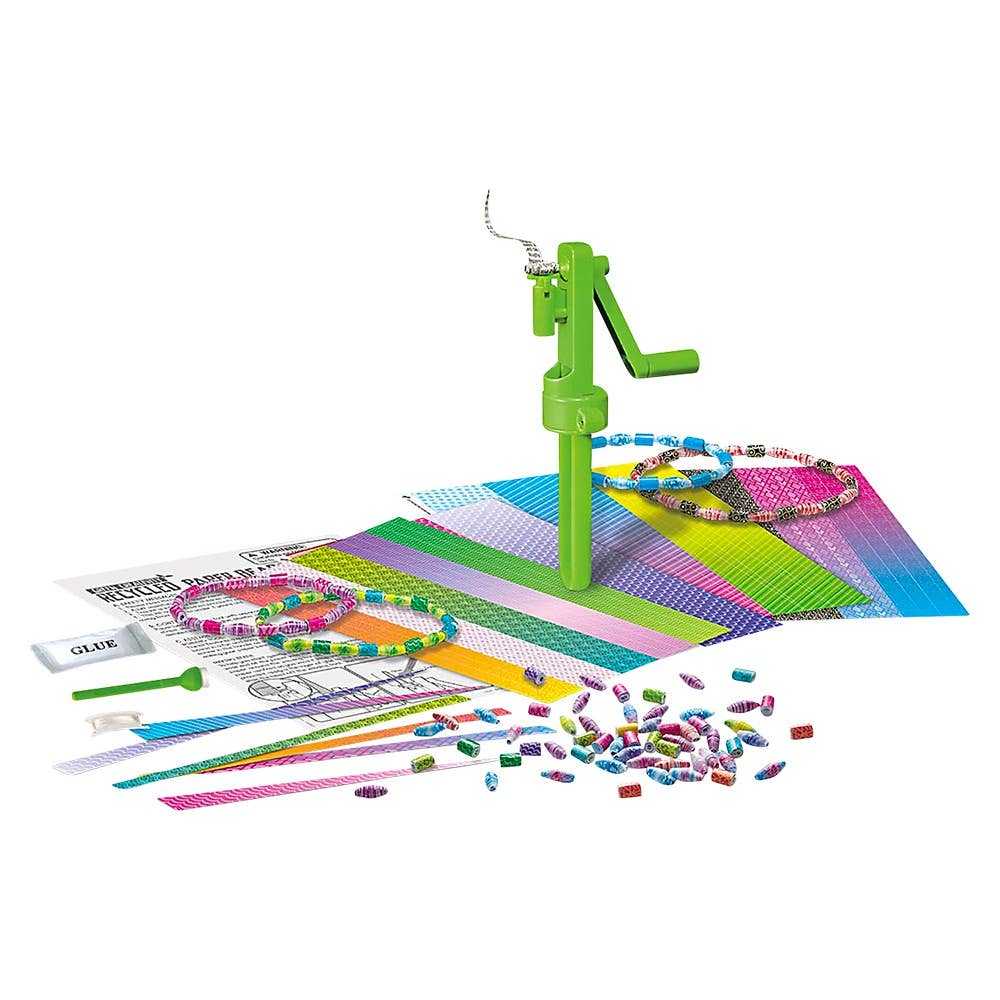 Recycled paper beads making kit with green bead roller tool, colorful paper strips, glue, and finished bracelets for kids ages 5 and up