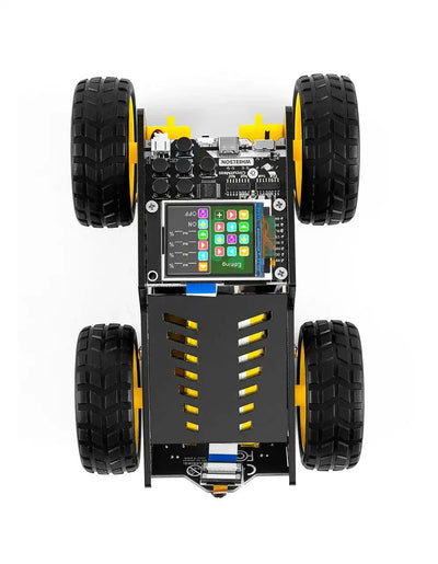 Top view of Wheelson AI-powered self-driving robot car with four large wheels and electronic circuitry display