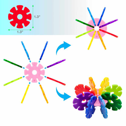 Colorful PicassoTiles 300pc Building Chips interlocking disc blocks shown in assembled shapes with size dimensions.