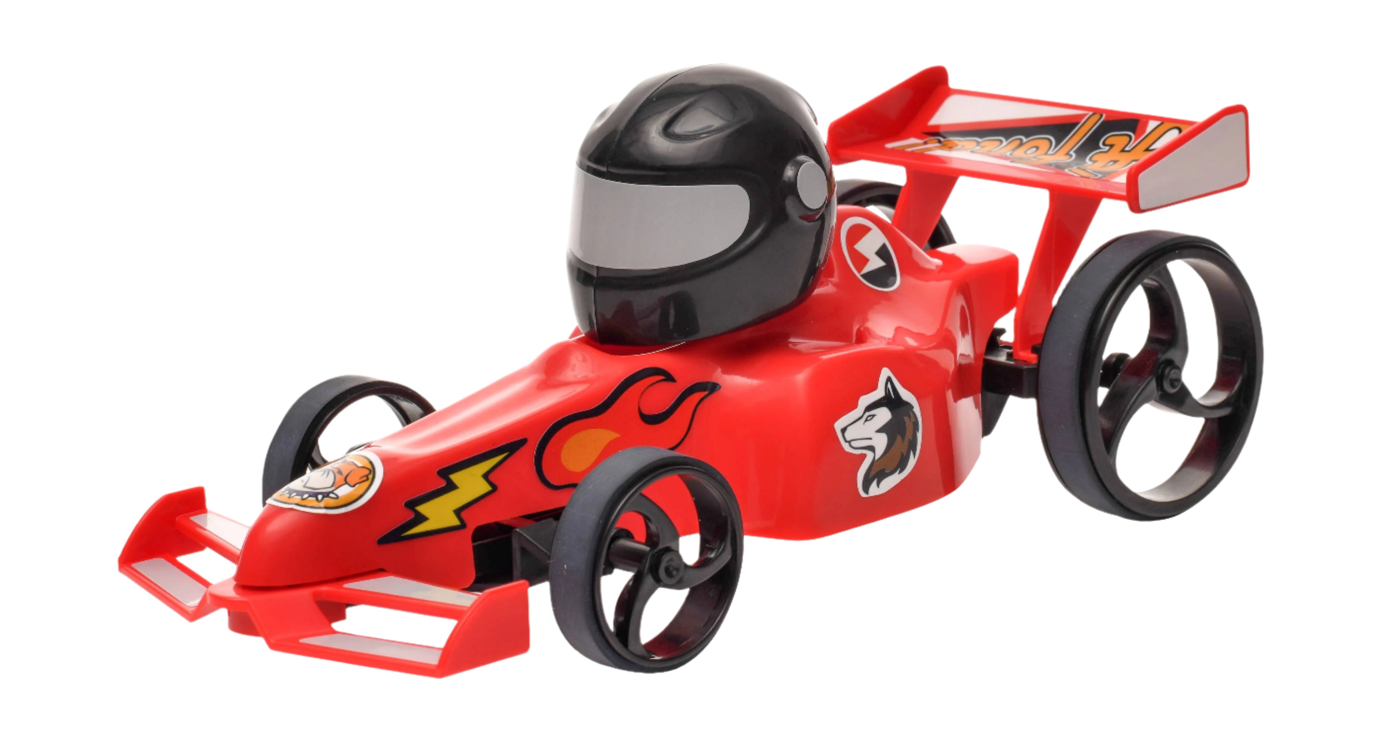 Red rubber band powered race car with helmet design, showcasing colorful decals and oversized rear wheels for racing fun.