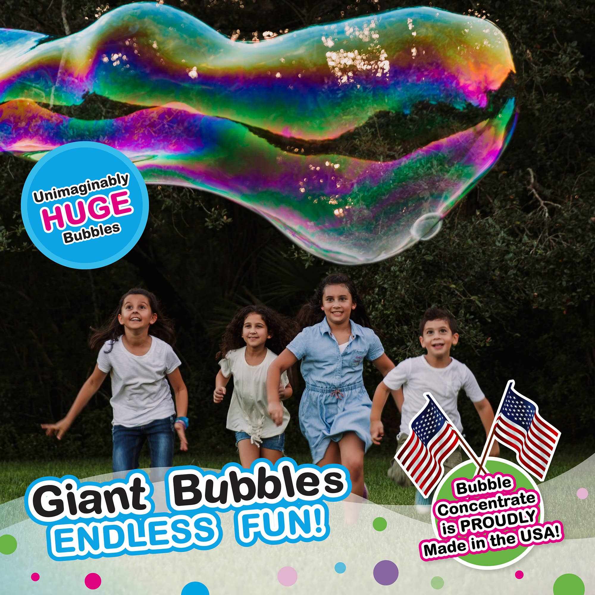 Children running under a giant colorful bubble made with WOWmazing Giant Bubble Kit outdoors
