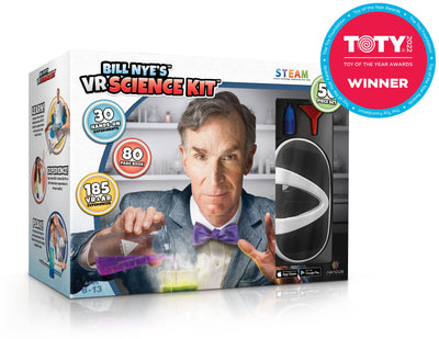 Bill Nye's VR Science Kit with 30 hands-on experiments, 80-page augmented reality book, and included VR goggles for interactive STEAM learning.