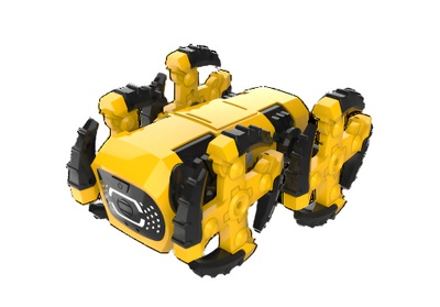 Yellow and black Agent992 Robot toy with multi-jointed legs for programmable movement and gesture control.