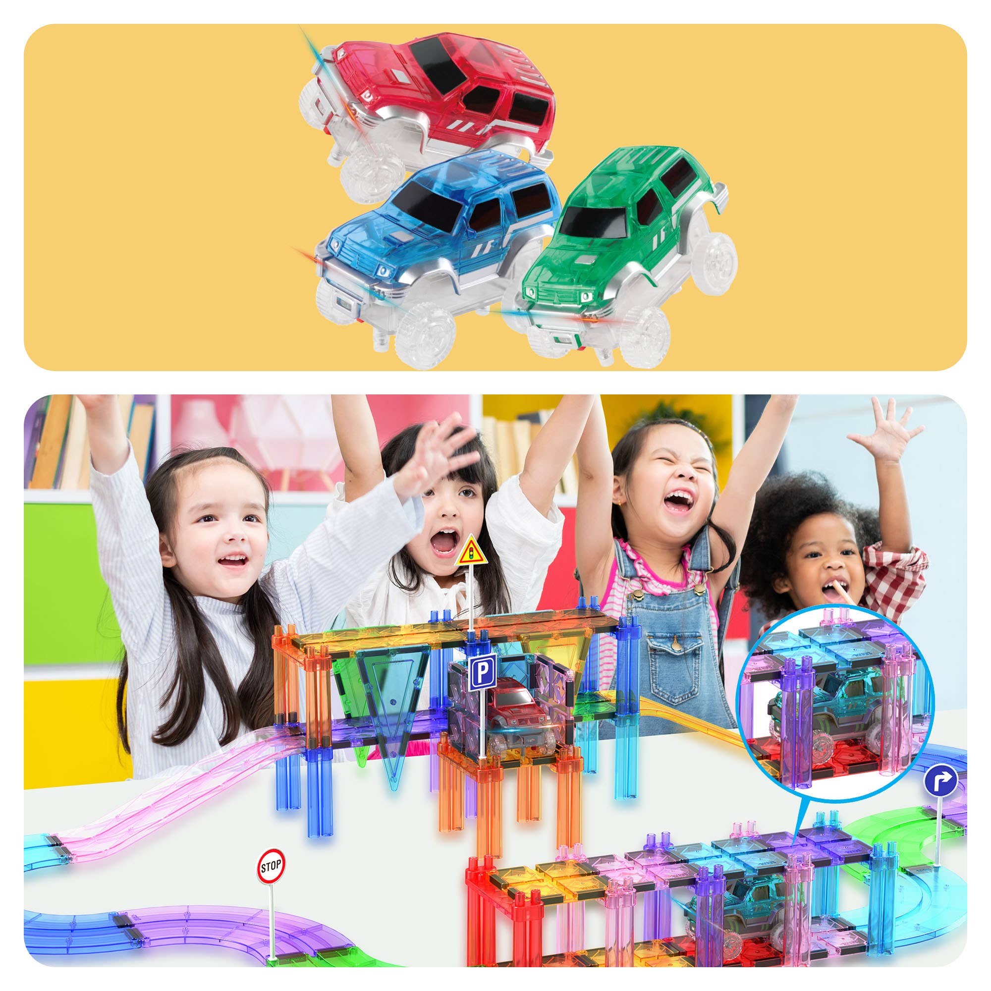 PicassoTiles 3 Pack Cars for Magnet Race Track Building Sets