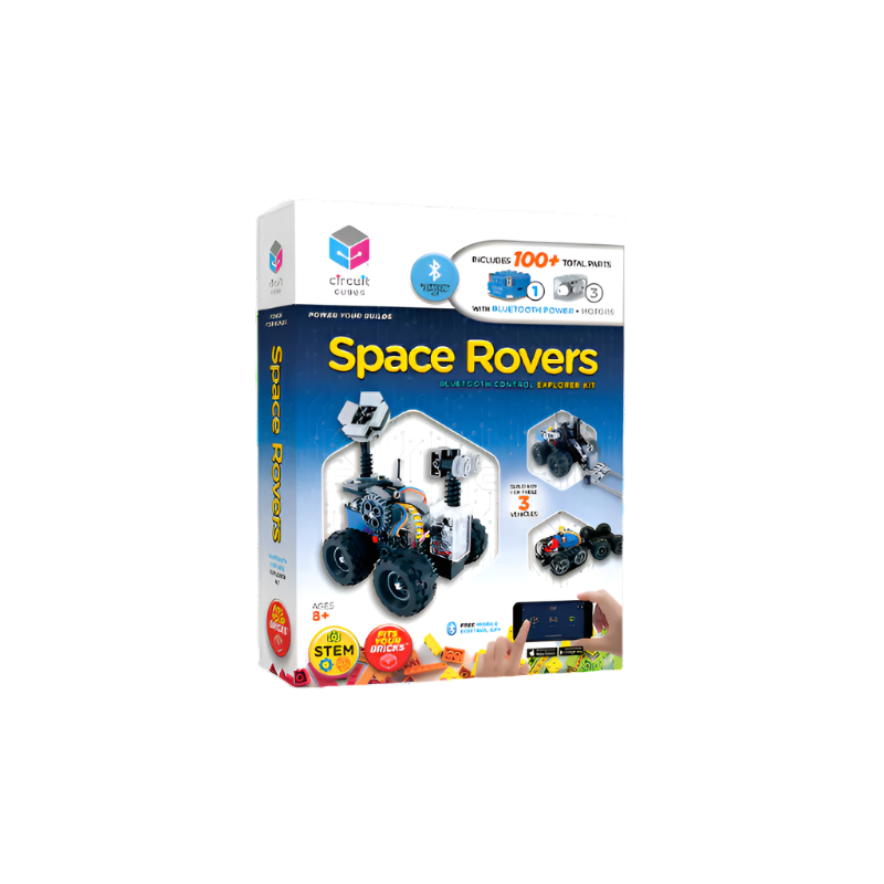STEM Space Rovers Kit for kids to build and control robot rovers with Circuit Cubes app.