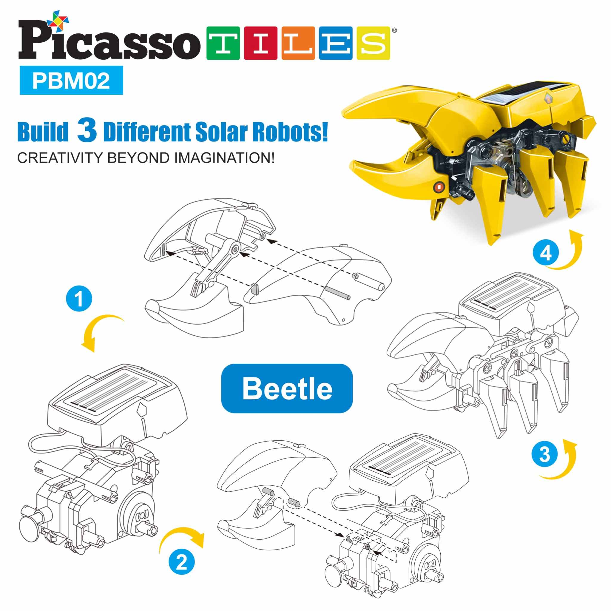 Solar powered dinosaur robot DIY kit with three buildable designs including a beetle, promoting STEM learning and eco-friendly play.