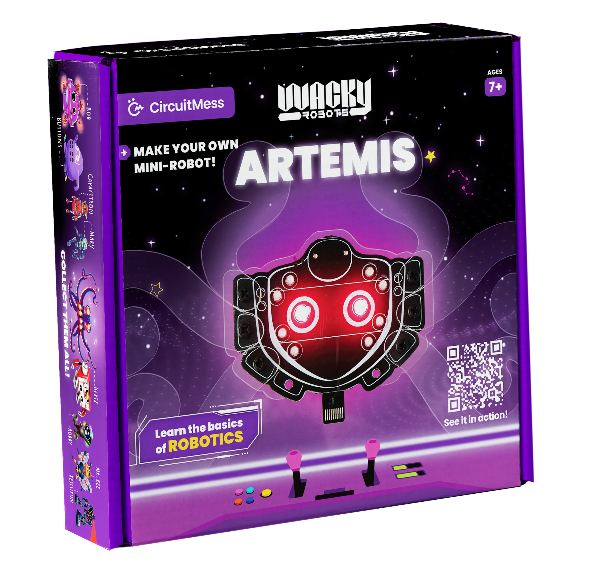 Wacky Robot Artemis mini robot kit for kids to learn basic electronics and robotics with blinking LED circuits.