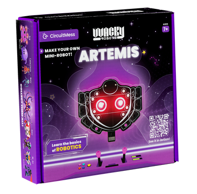 Wacky Robot Artemis mini robot kit for kids to learn basic electronics and robotics with blinking LED circuits.