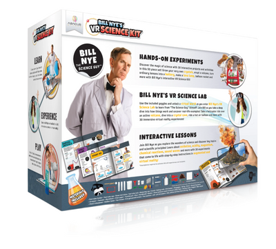 Bill Nye's VR Science Kit with 50-piece interactive STEAM experiments, VR goggles, and augmented reality book for hands-on virtual science learning.