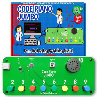 Code Piano Jumbo coding kit with jumbo arcade buttons and built-in speaker for kids ages 8+ to learn coding by creating music and sound effects using USB-connected board and free software