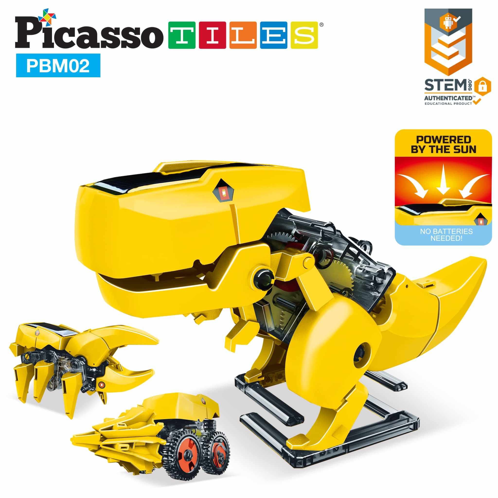 Yellow solar powered dinosaur robot educational STEM toy kit with three transformable designs